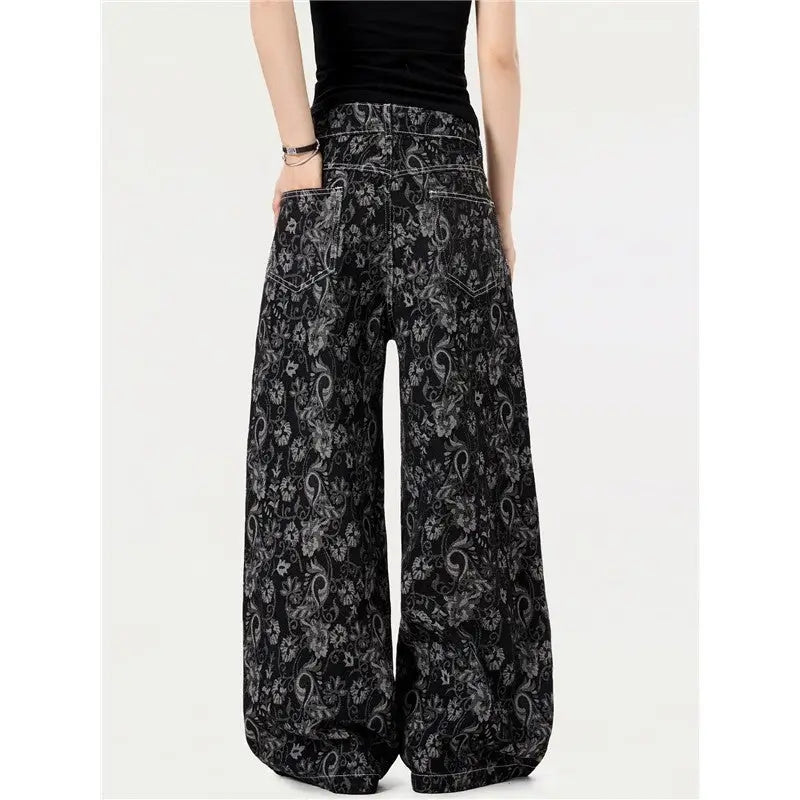 Vintage Pattern Print Loose Wide Leg Jeans