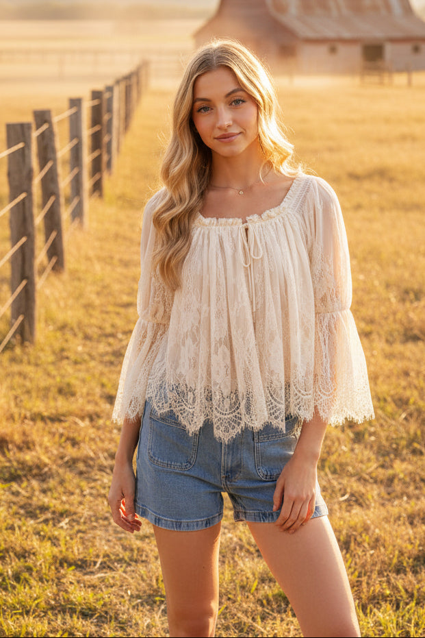 cream lace ruffle blouse western boho Dani California Boutique