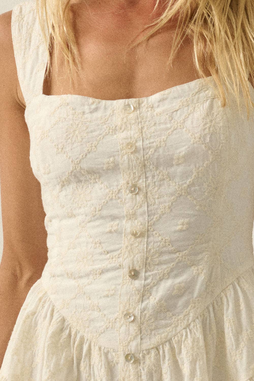 Floral-Embroidered Tiered-Ruffle Corset Romper