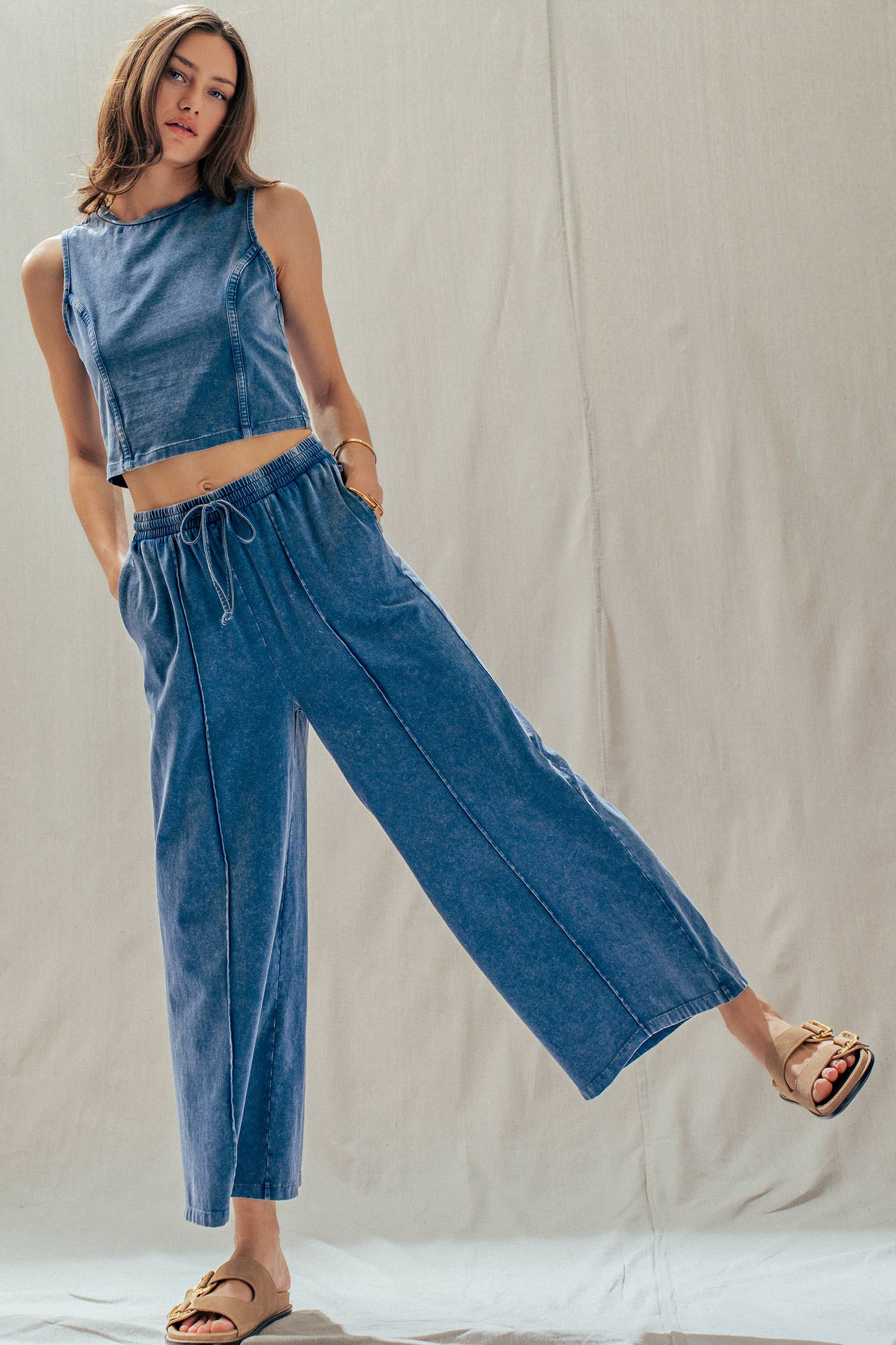 Mineral Wash Cotton Crop Tank & Wide Leg Pant Set