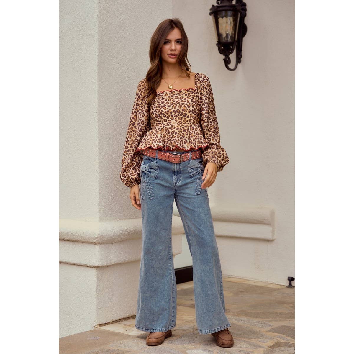 Luxe Leopard Wave Embroidered Sleeve Blouse