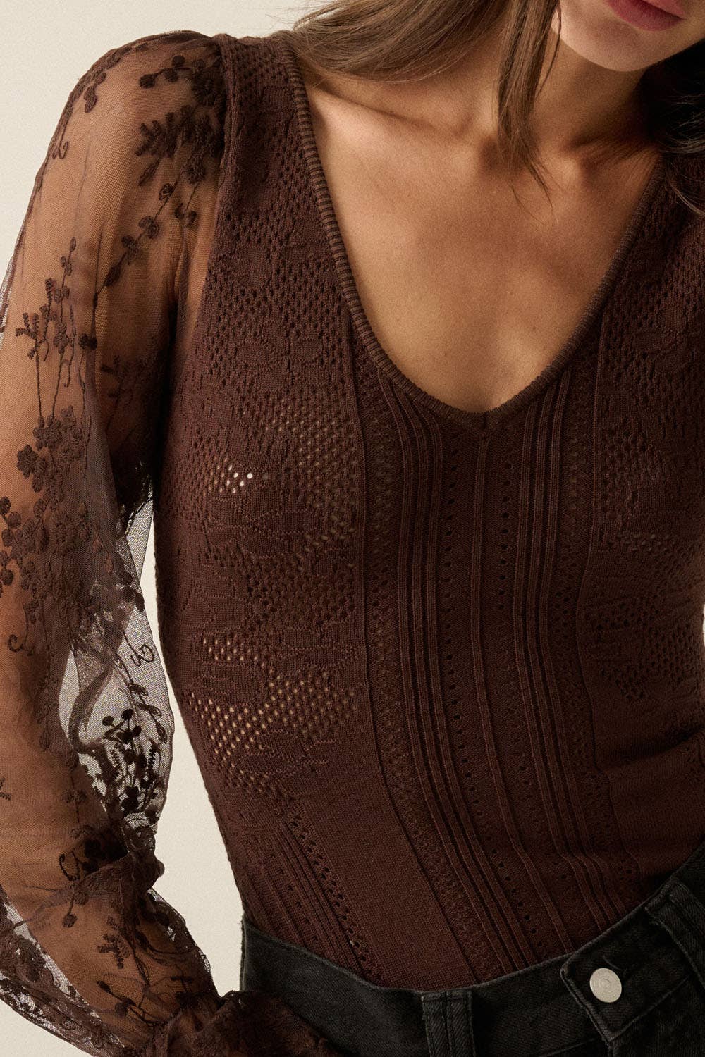 Floral and Ribbed Pointelle-Knit Lace Bubble-Sleeve Bodysuit