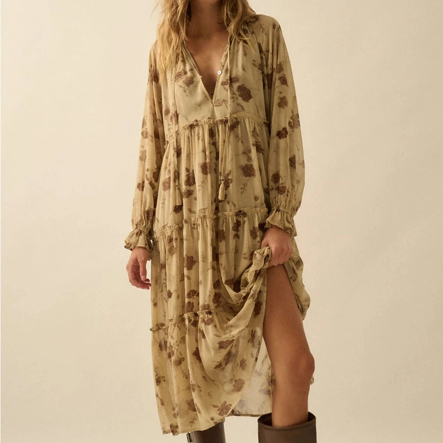 Floral Tiered Ruffle Midi Prairie Dress