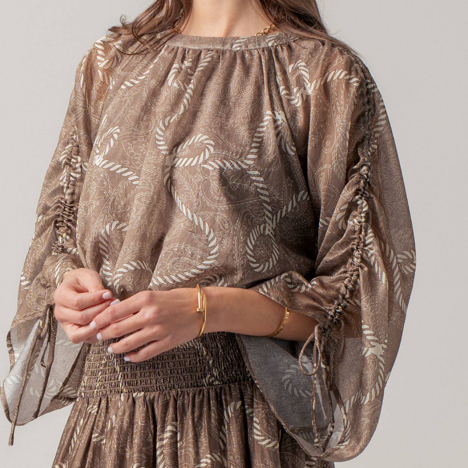 Rope Print Ruched Sleeve Blouse
