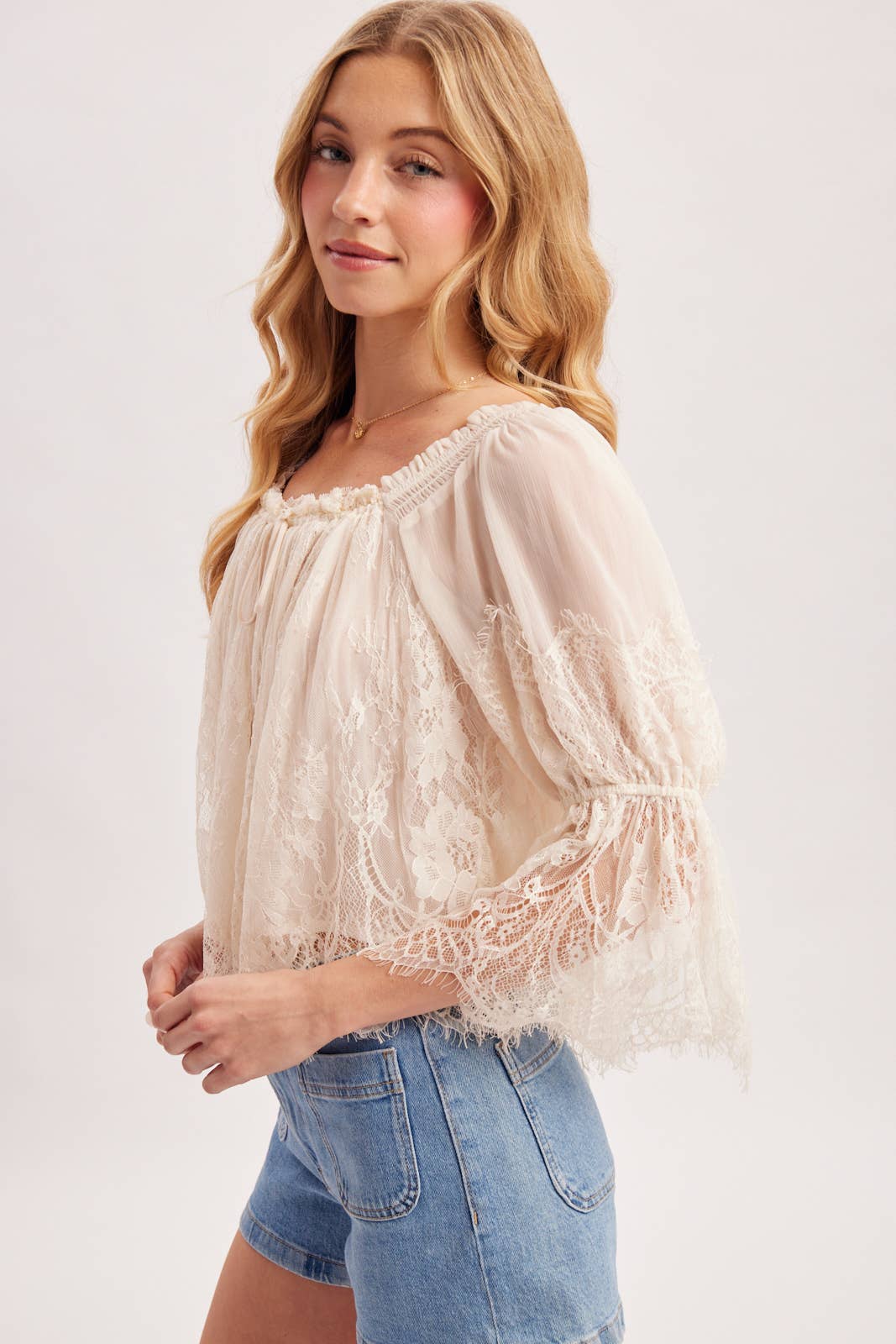 WIDE NECK RUFFLED EYELASH LACE BLOUSE