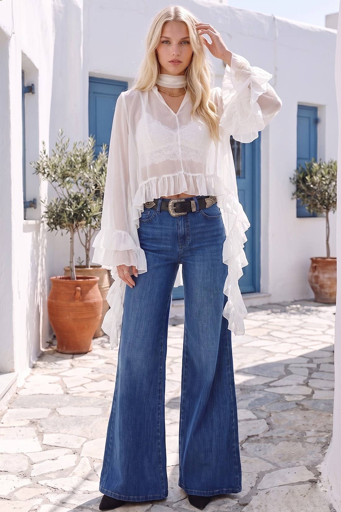 Ruffled Mock Neck Blouse with Asymmetrical Hem