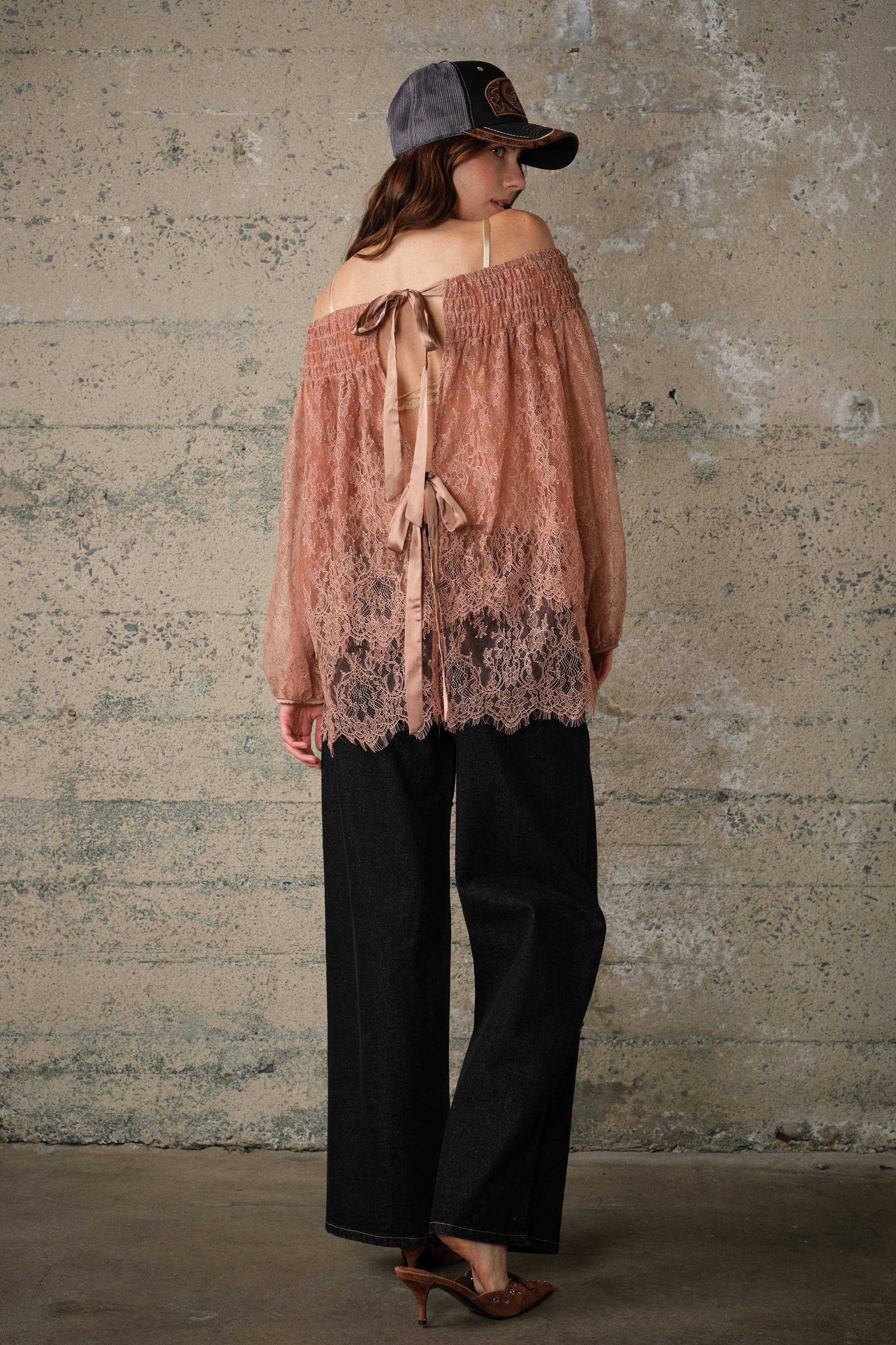 Off Shoulder Sheer Lace Blouse