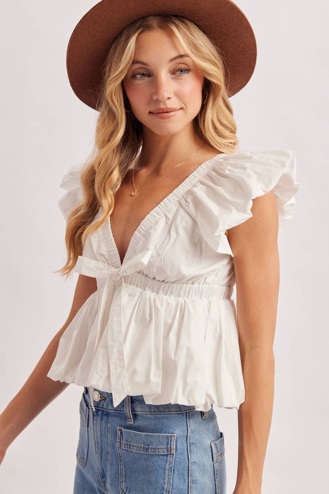Deep V-Neck Ribbon Front Pleated Peplum Blouse