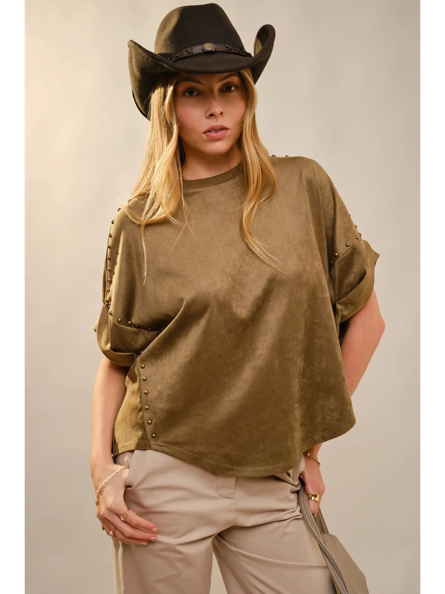 Oversized Suede-Look Tee with Side Studs
