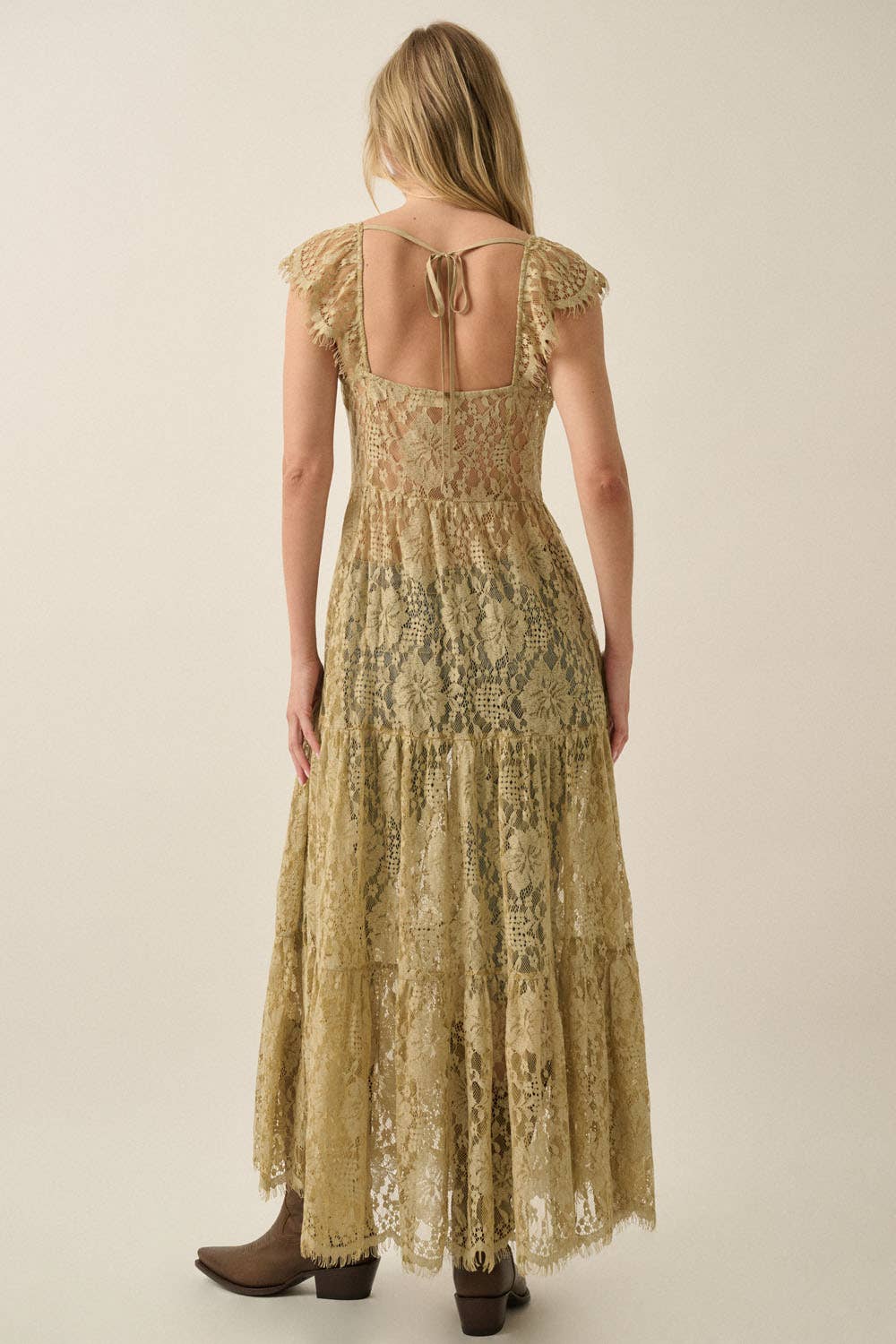 Sheer Floral Lace Button-Front Tiered-Ruffle Maxi Top