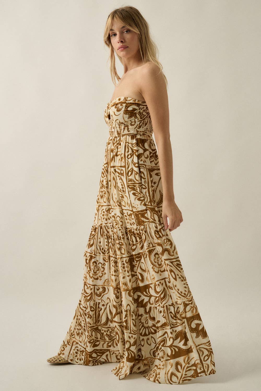 Floral-Print Crepe Strapless Wide-Leg Tiered Jumpsuit