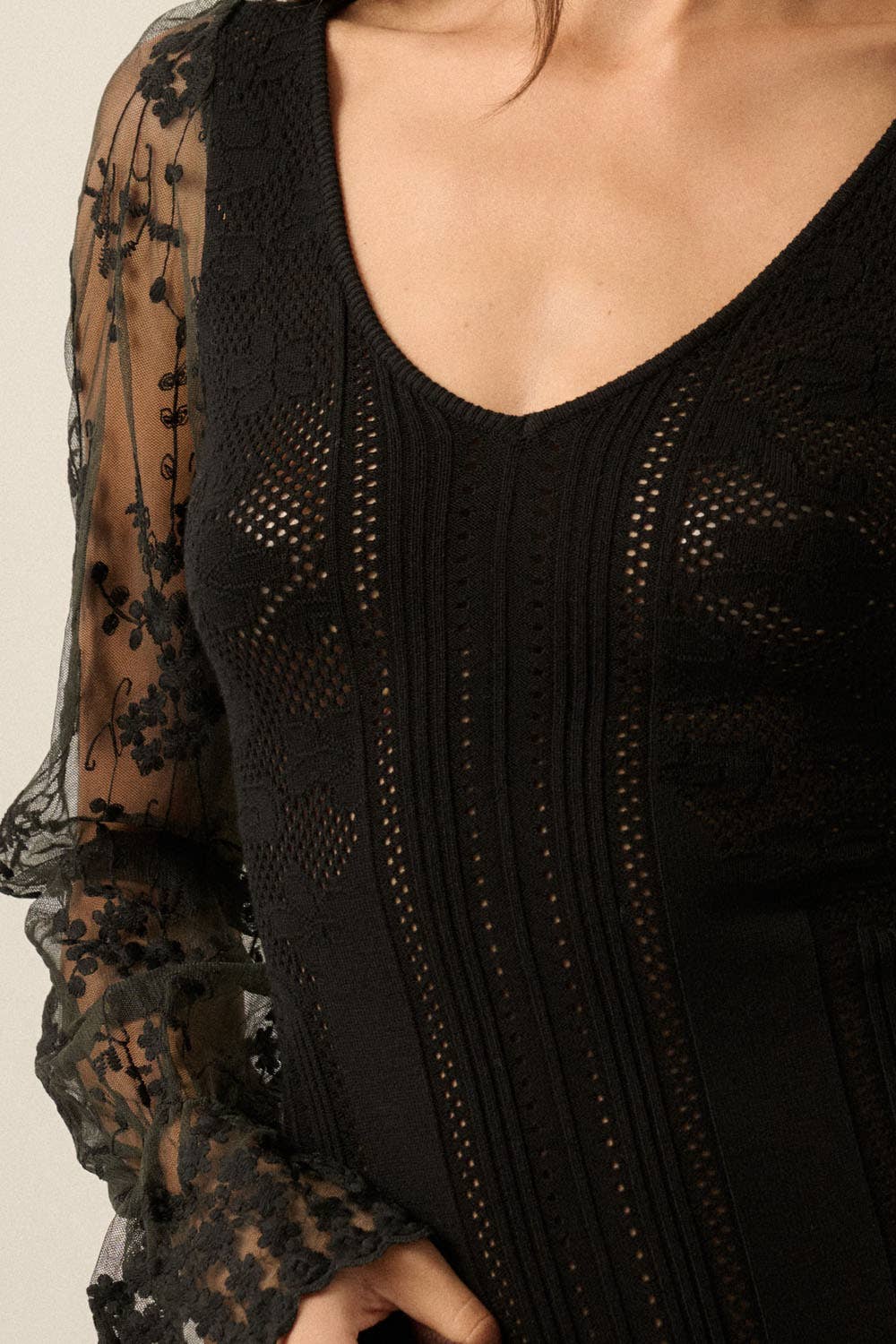 Floral and Ribbed Pointelle-Knit Lace Bubble-Sleeve Bodysuit