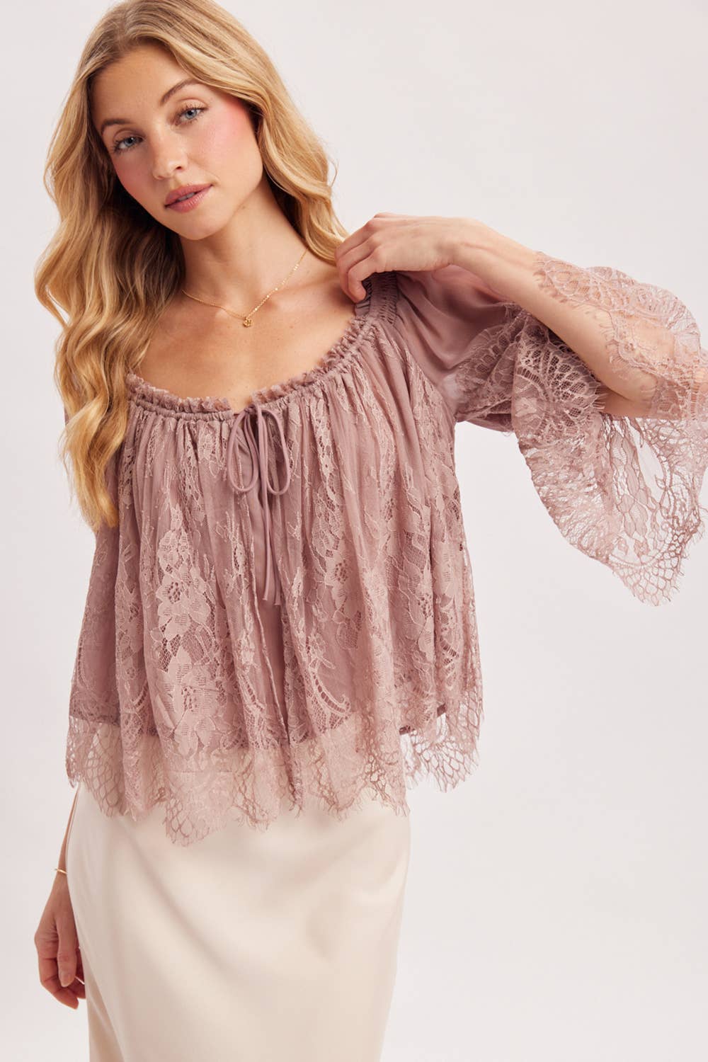 WIDE NECK RUFFLED EYELASH LACE BLOUSE