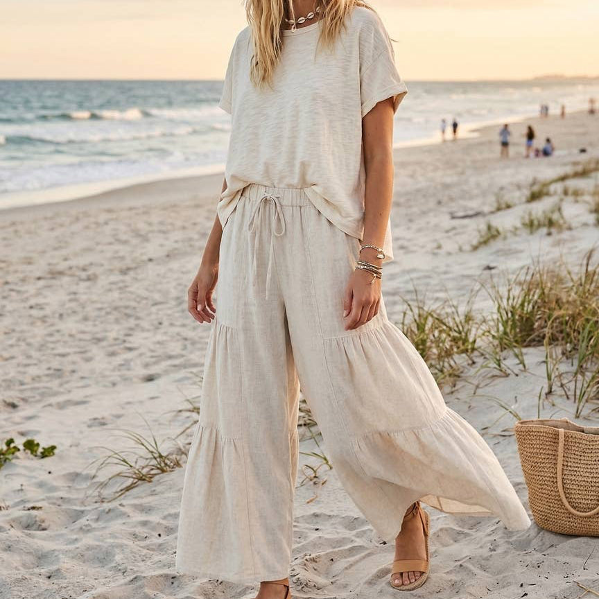 Linen Blend Tiered Wide Leg Palazzo Pants