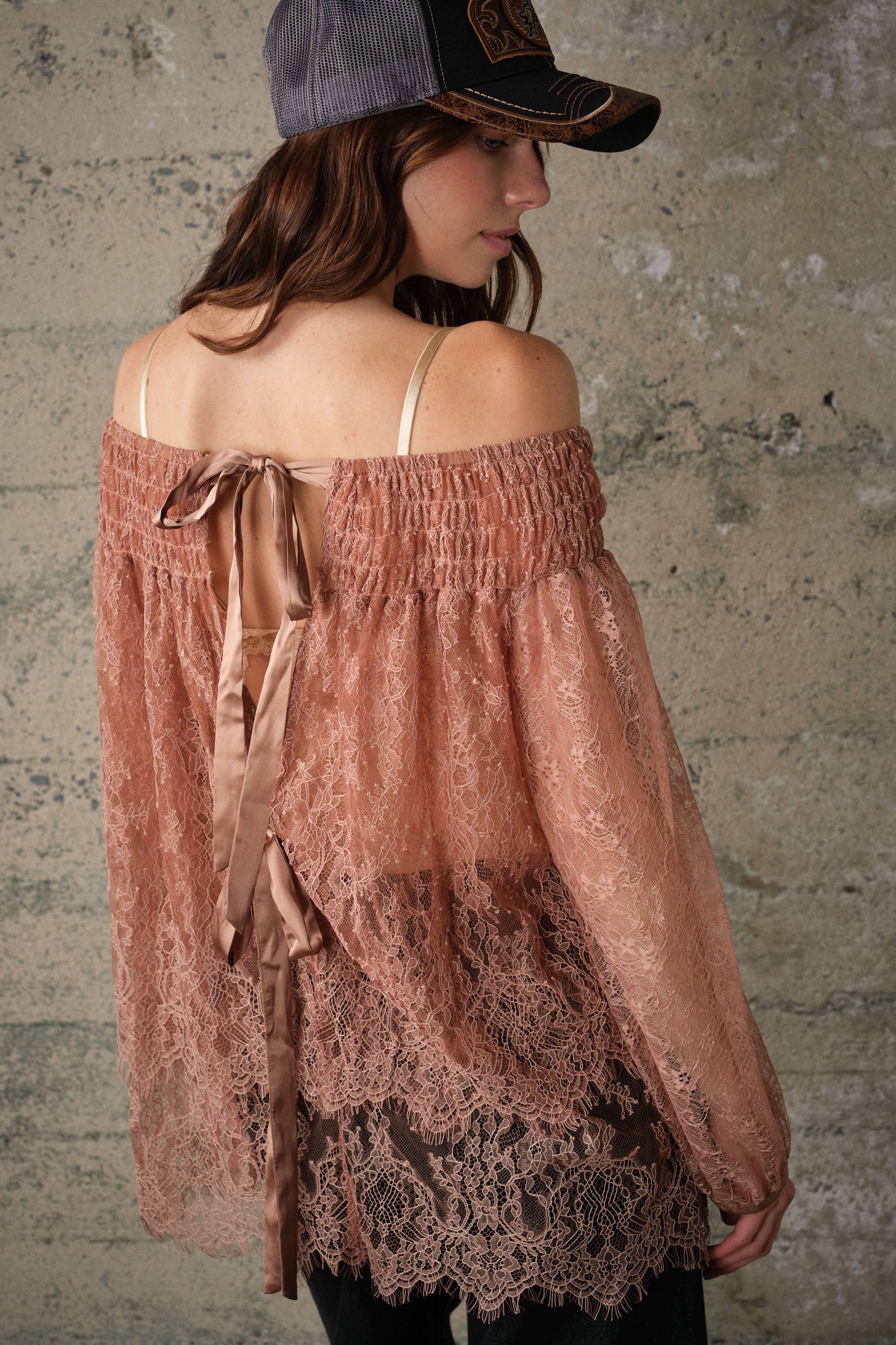 Off Shoulder Sheer Lace Blouse