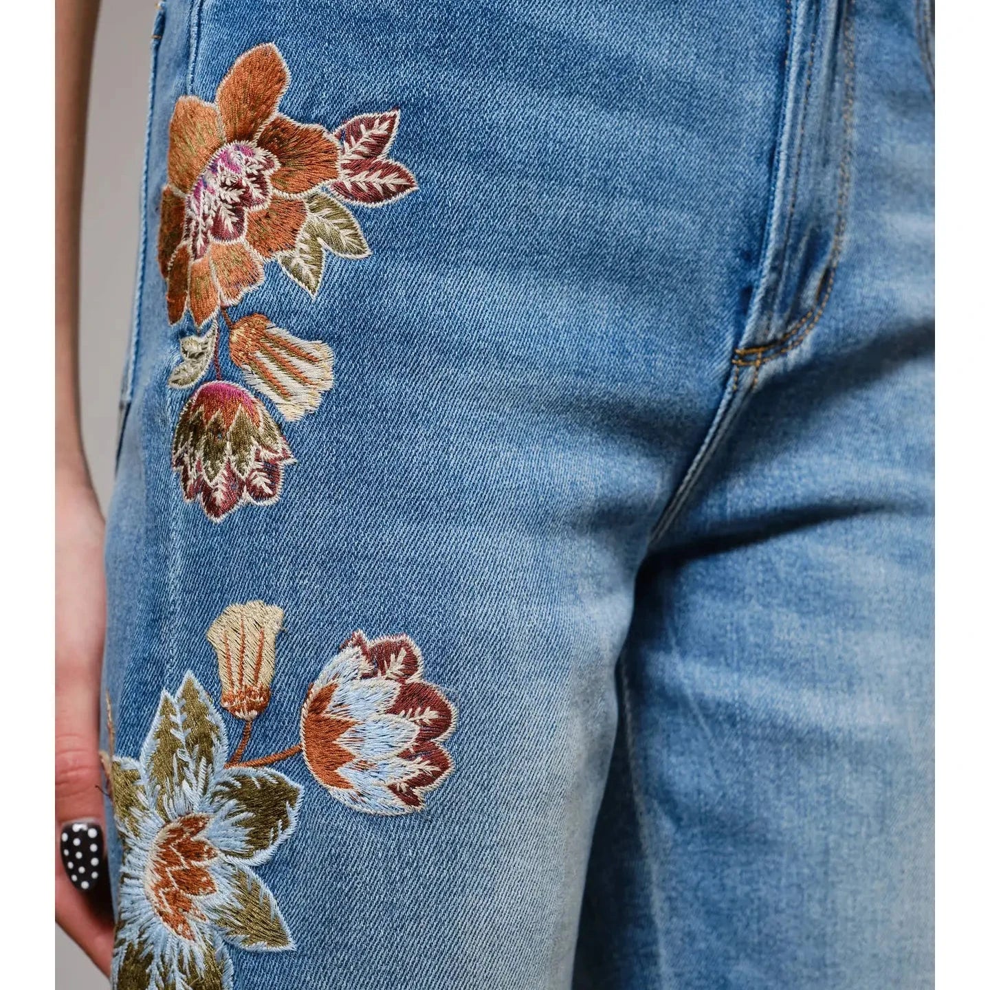 Flower Embroidery High Waist Flare Jean
