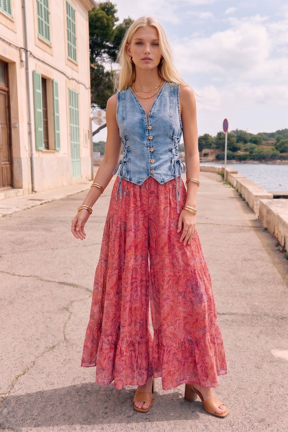 Lurex Boho Floral Printed Ruffled Palazzo Pants