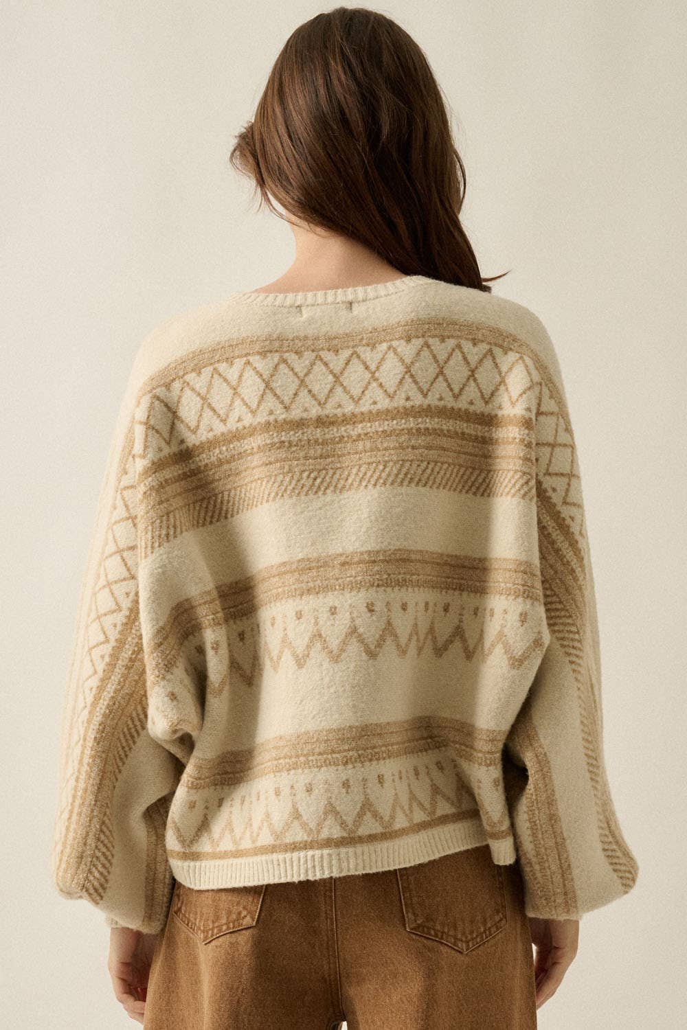 Fair Isle Jacquard-Knit Dolman Bubble-Sleeve Sweater
