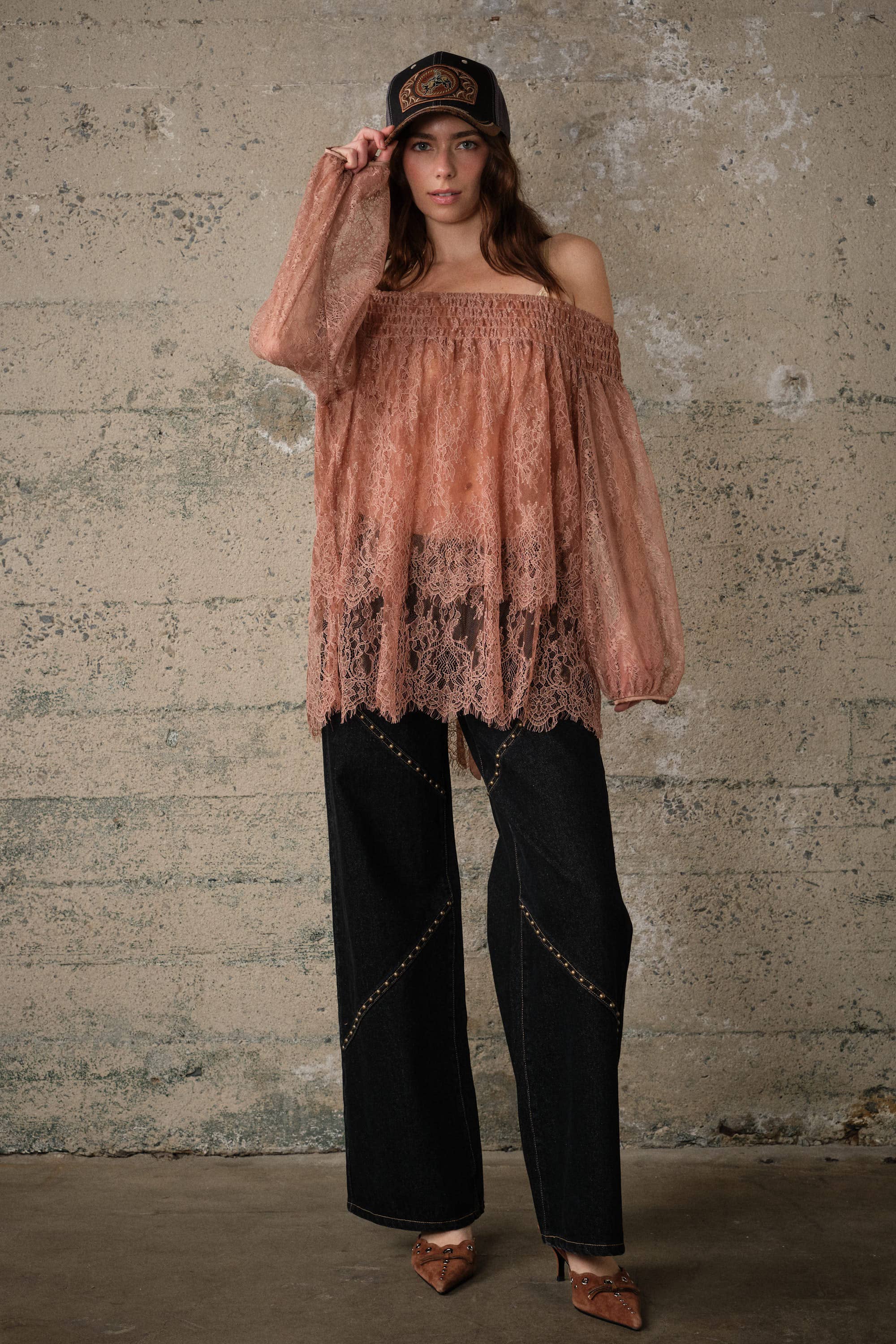 Off Shoulder Sheer Lace Blouse