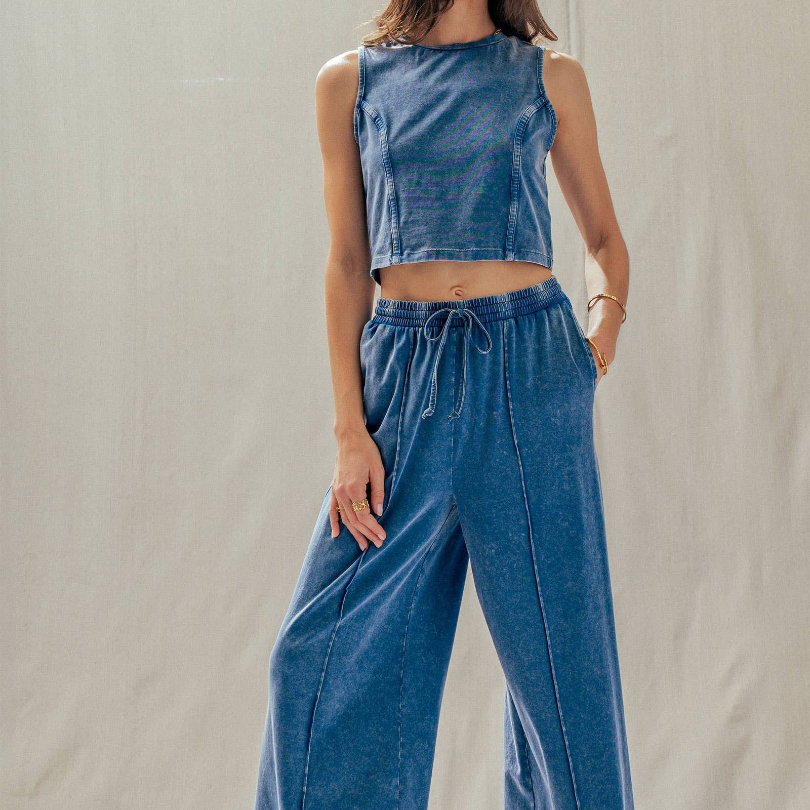 Mineral Wash Cotton Crop Tank & Wide Leg Pant Set