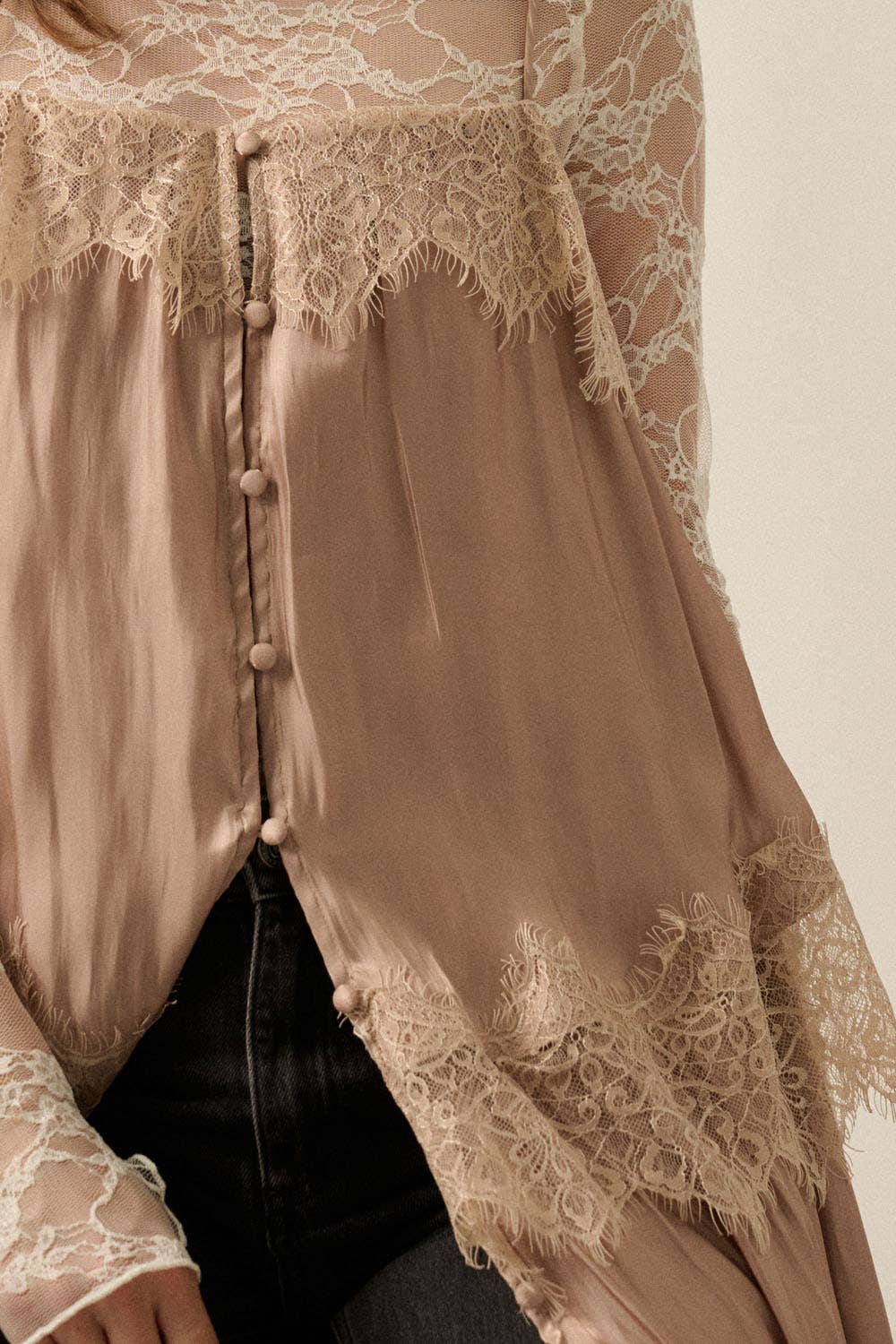 Shimmer Chiffon Lace-Trim Tiered Buttoned Maxi Slip Dress