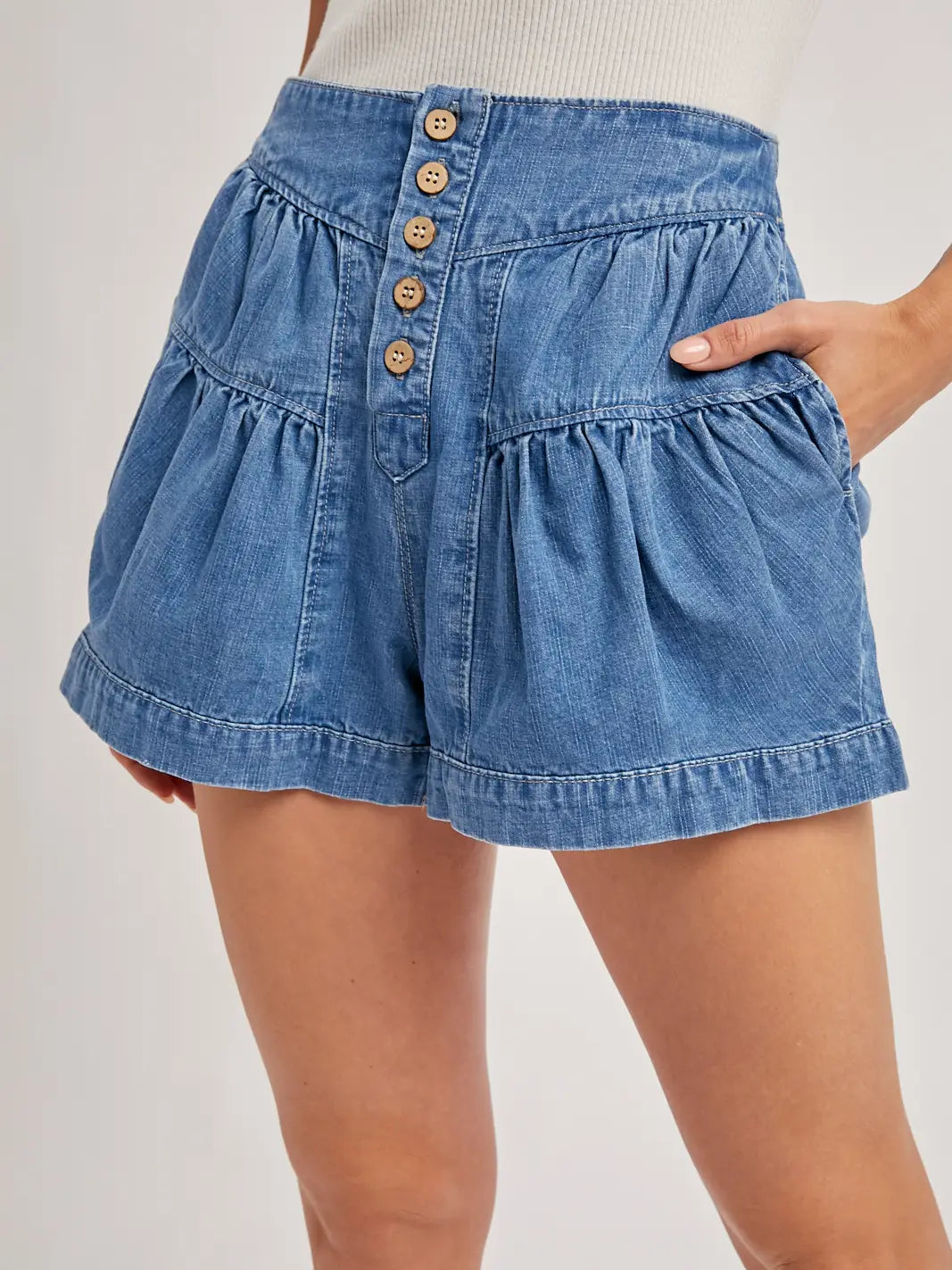 Fluer Pleated Denim Shorts with Pockets
