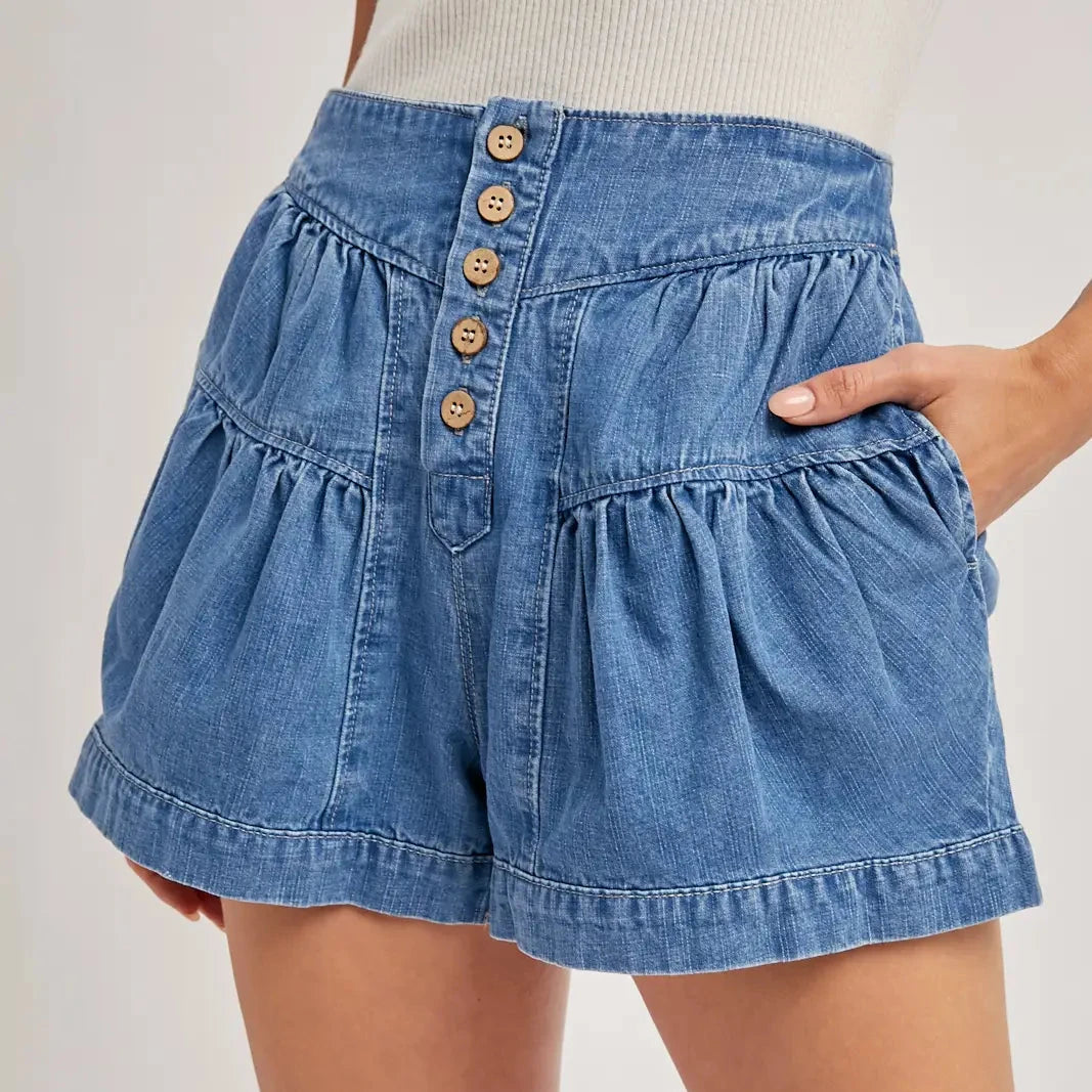 Fluer Pleated Denim Shorts with Pockets