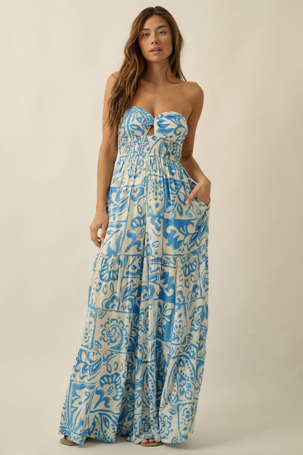 Floral-Print Crepe Strapless Wide-Leg Tiered Jumpsuit