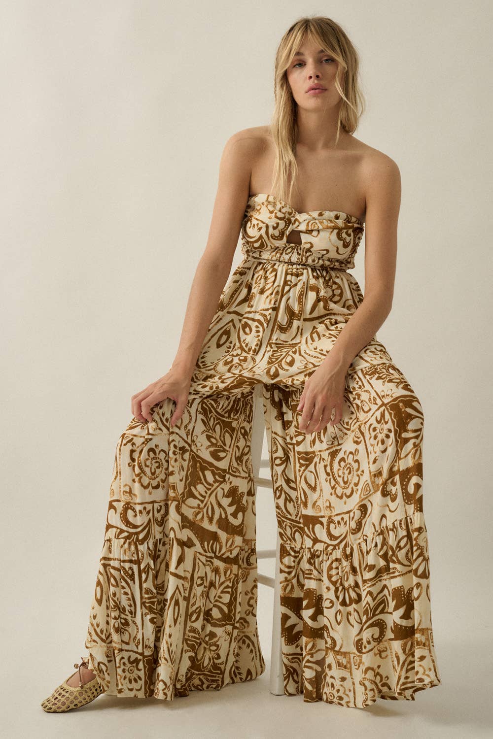 Floral-Print Crepe Strapless Wide-Leg Tiered Jumpsuit