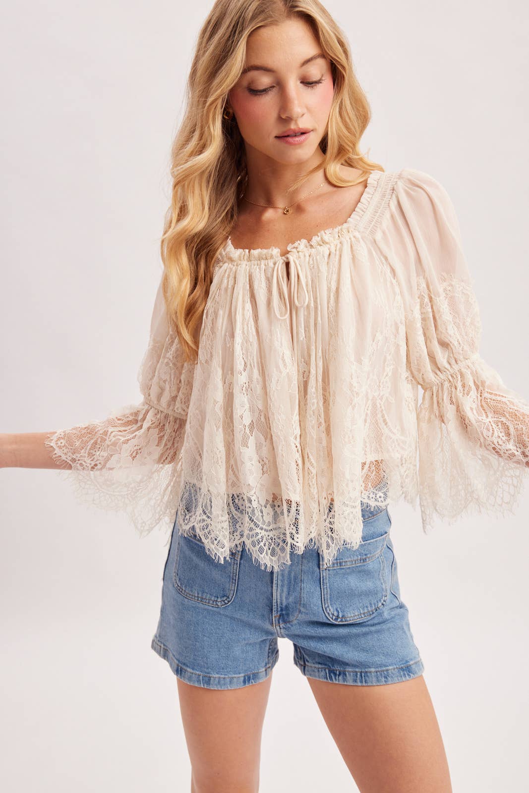 WIDE NECK RUFFLED EYELASH LACE BLOUSE