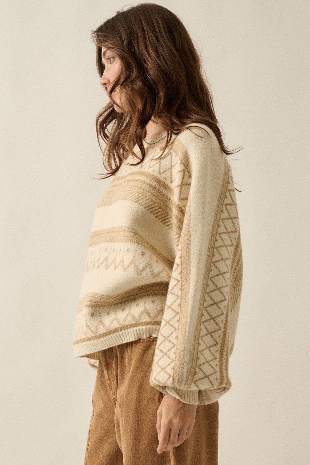 Fair Isle Jacquard-Knit Dolman Bubble-Sleeve Sweater