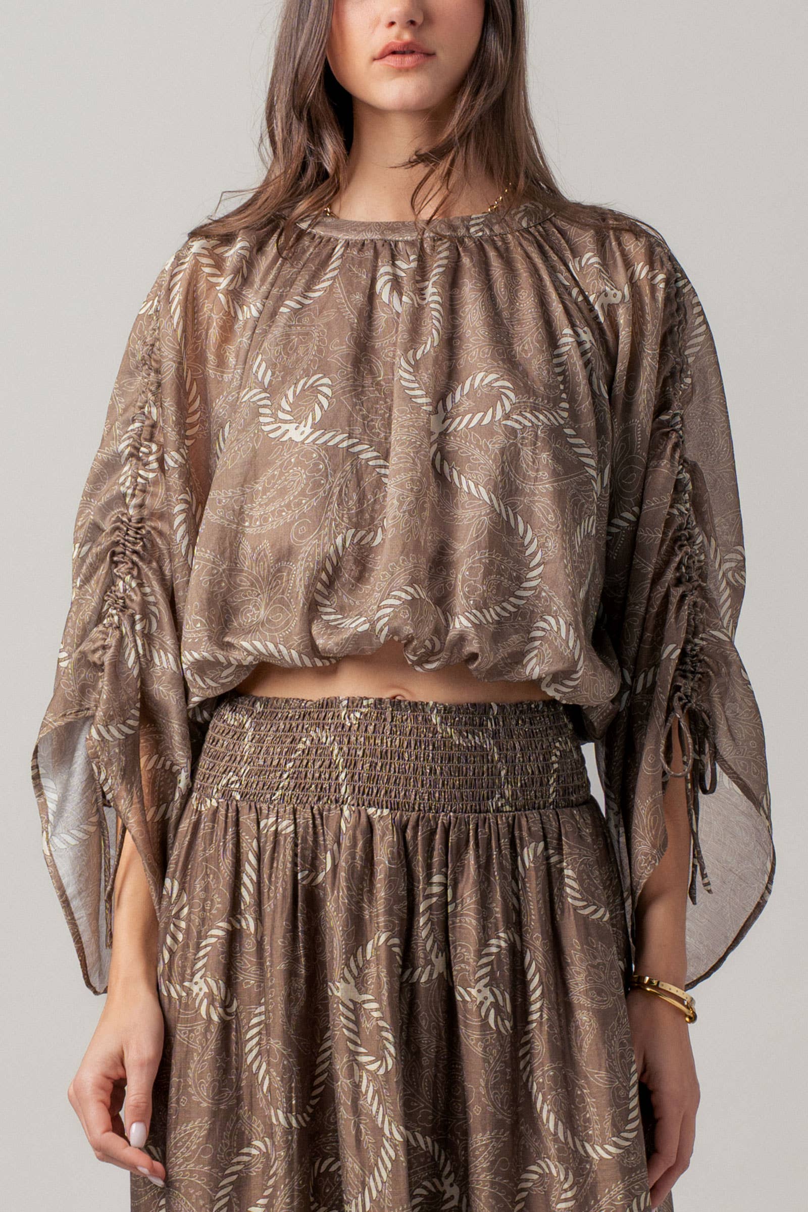 Rope Print Ruched Sleeve Blouse