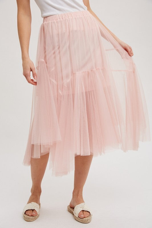 Blushing Bloom Mesh Pleated Midi Tulle Skirt