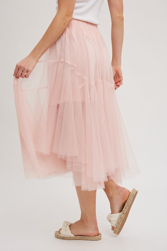 Blushing Bloom Mesh Pleated Midi Tulle Skirt