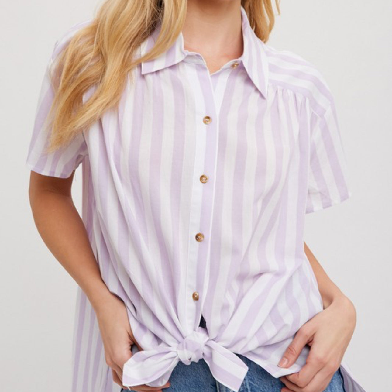 Lilac Mist Striped Front Tie Button-Up Short Sleeve