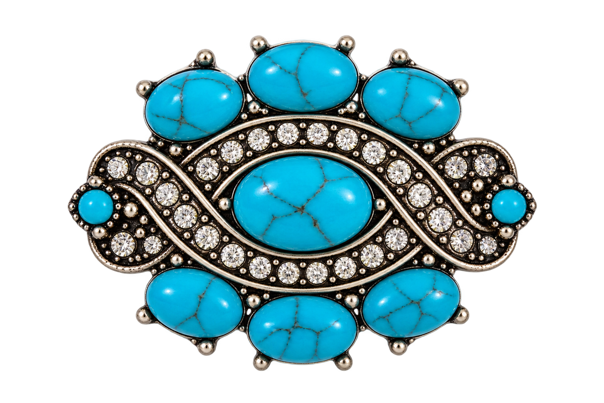 Turquoise Concho Hat Pin with silver-tone rhinestone detailing