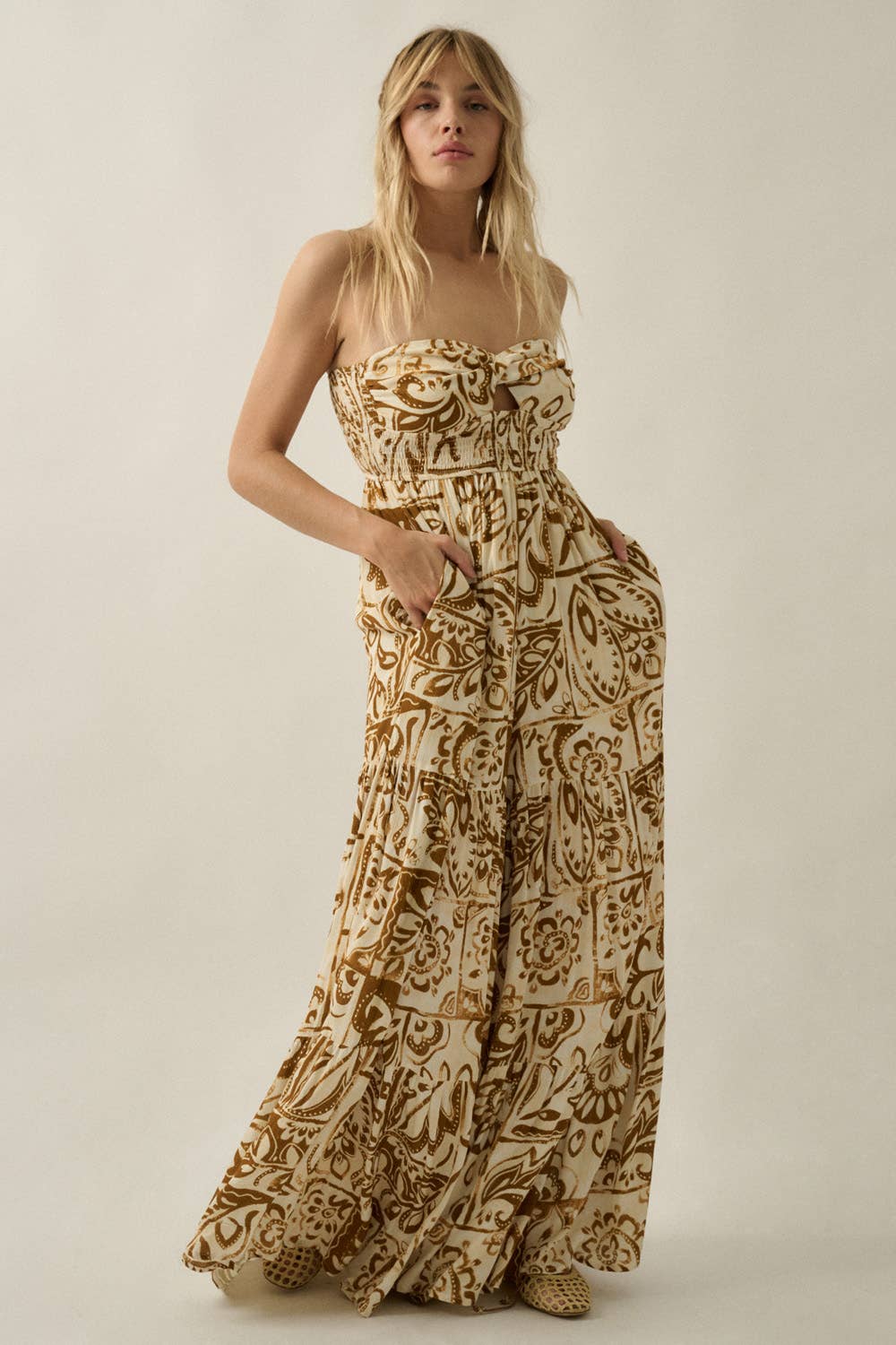 Floral-Print Crepe Strapless Wide-Leg Tiered Jumpsuit