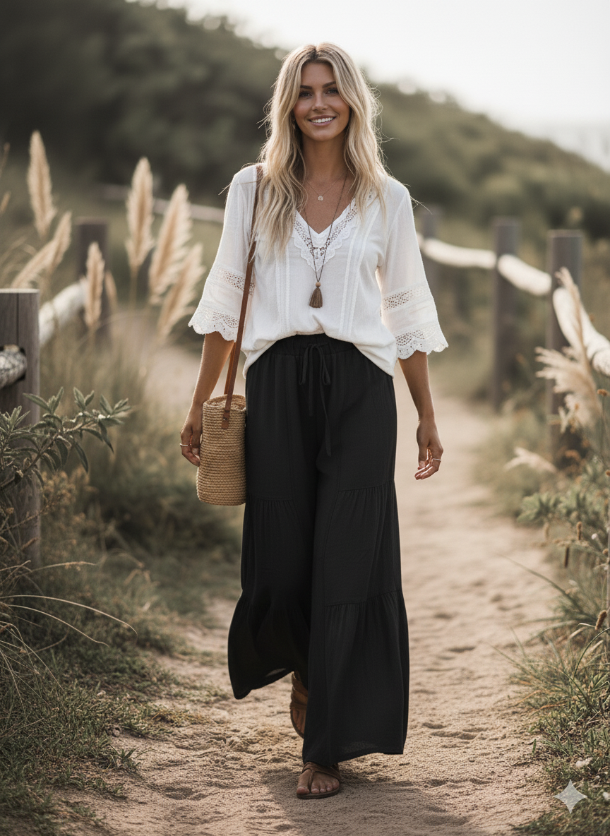 Linen Blend Tiered Wide Leg Palazzo Pants