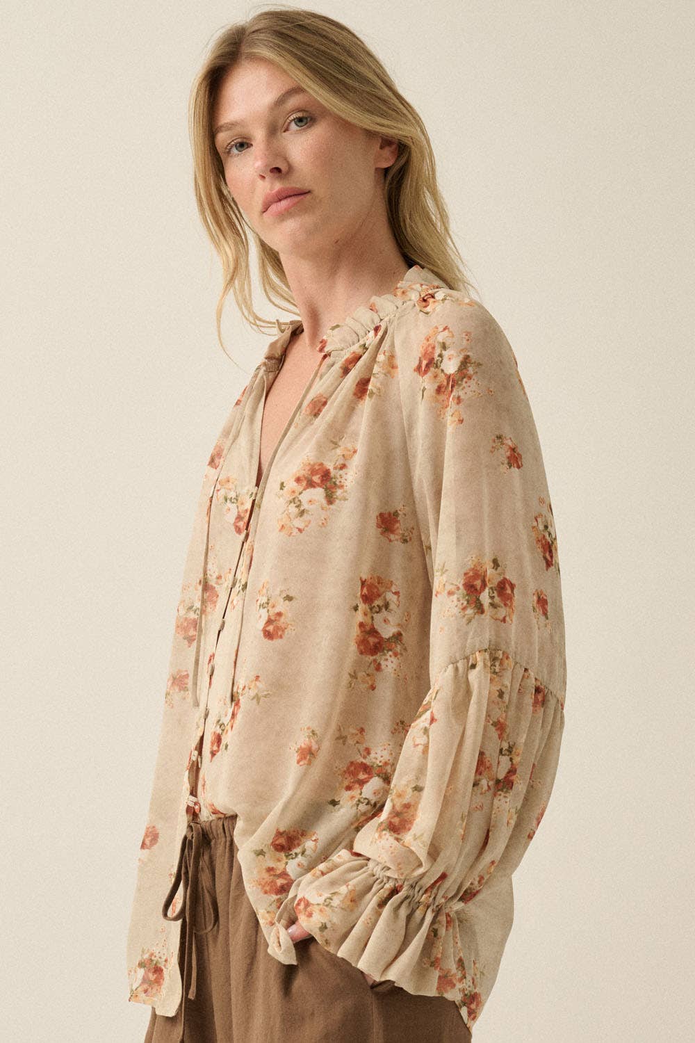 Sheer Floral Chiffon Lantern-Sleeve Button-Front Top