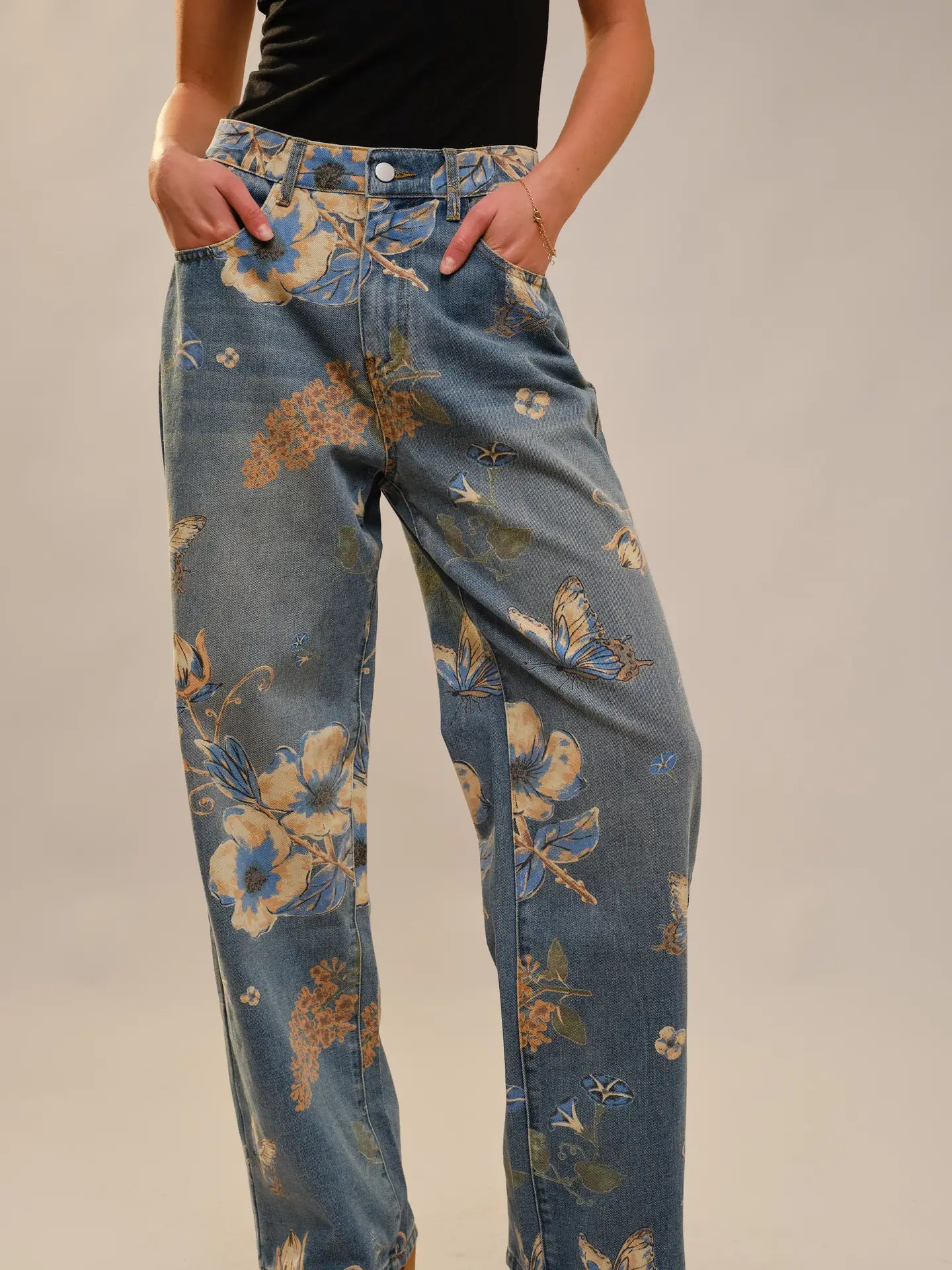High Rise Wide Leg Jeans - Floral & Butterfly Print