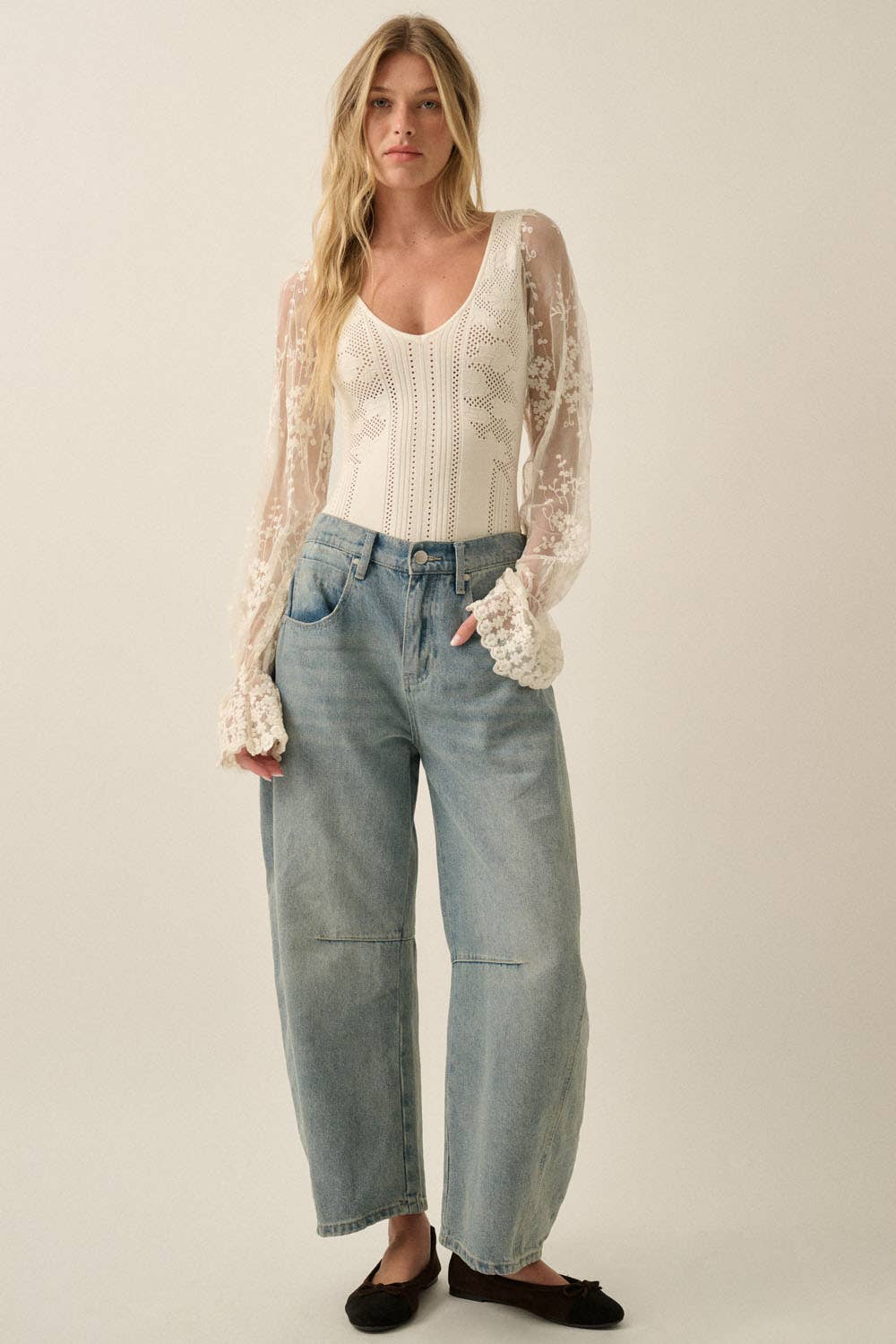 Floral and Ribbed Pointelle-Knit Lace Bubble-Sleeve Bodysuit
