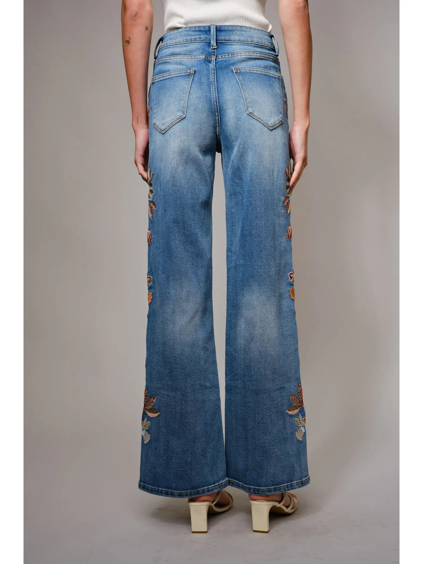 Flower Embroidery High Waist Flare Jean