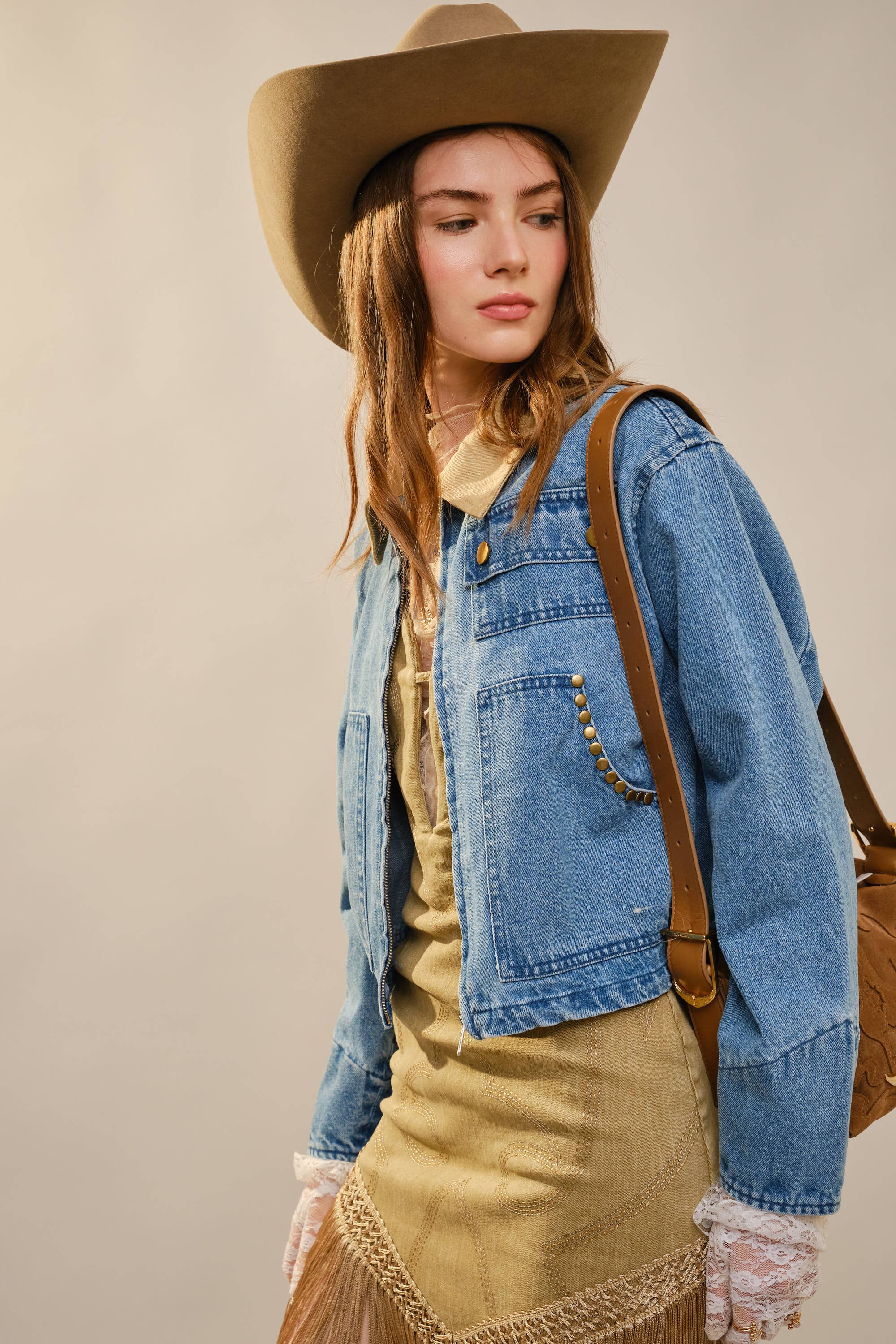 Stud Trimmed Cropped Denim Jacket