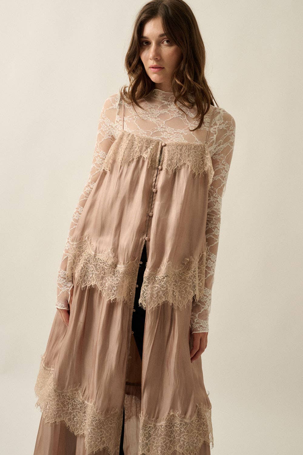 Shimmer Chiffon Lace-Trim Tiered Buttoned Maxi Slip Dress