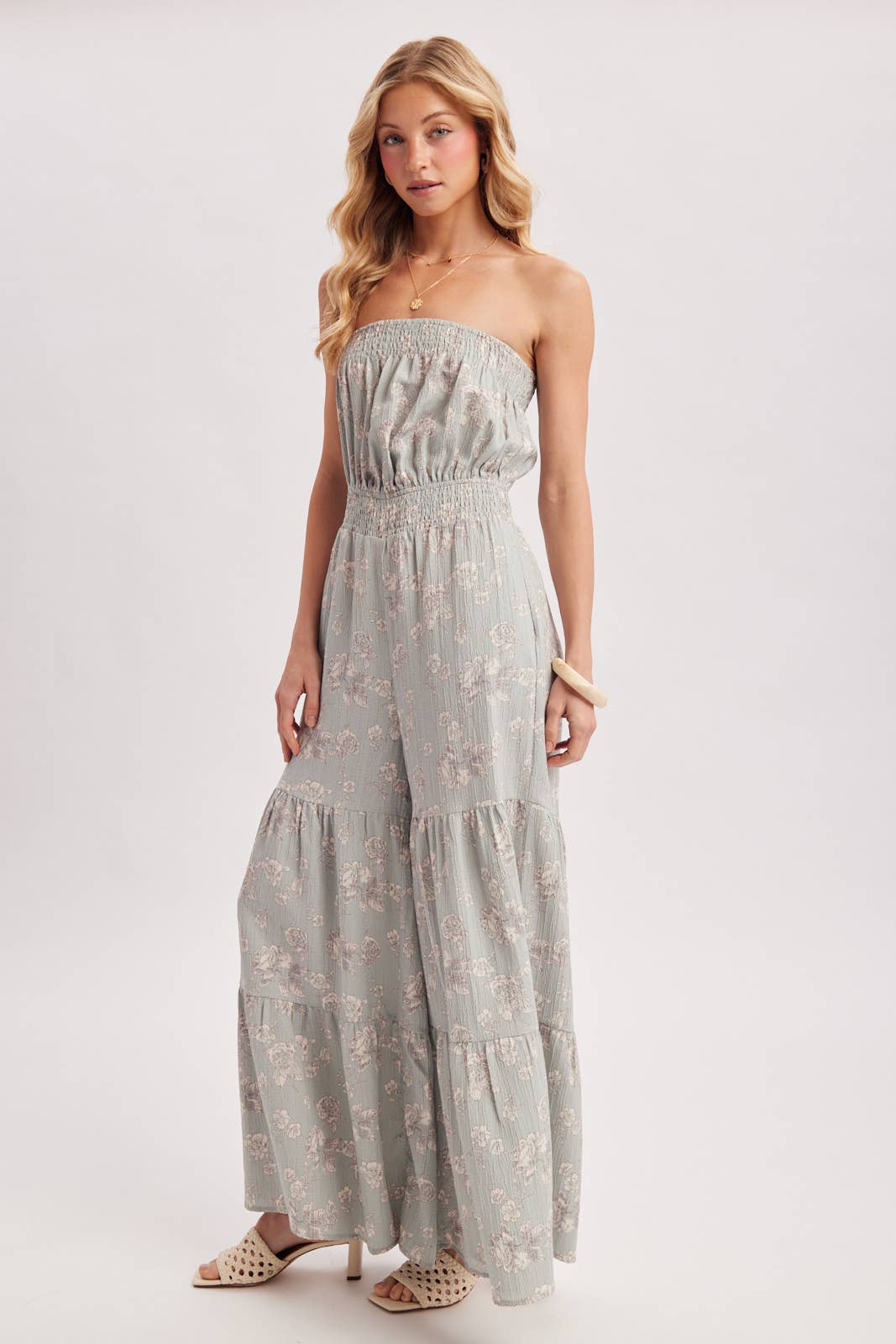FLORAL PRINT SMOCKED TUBE TOP JUMPSUIT