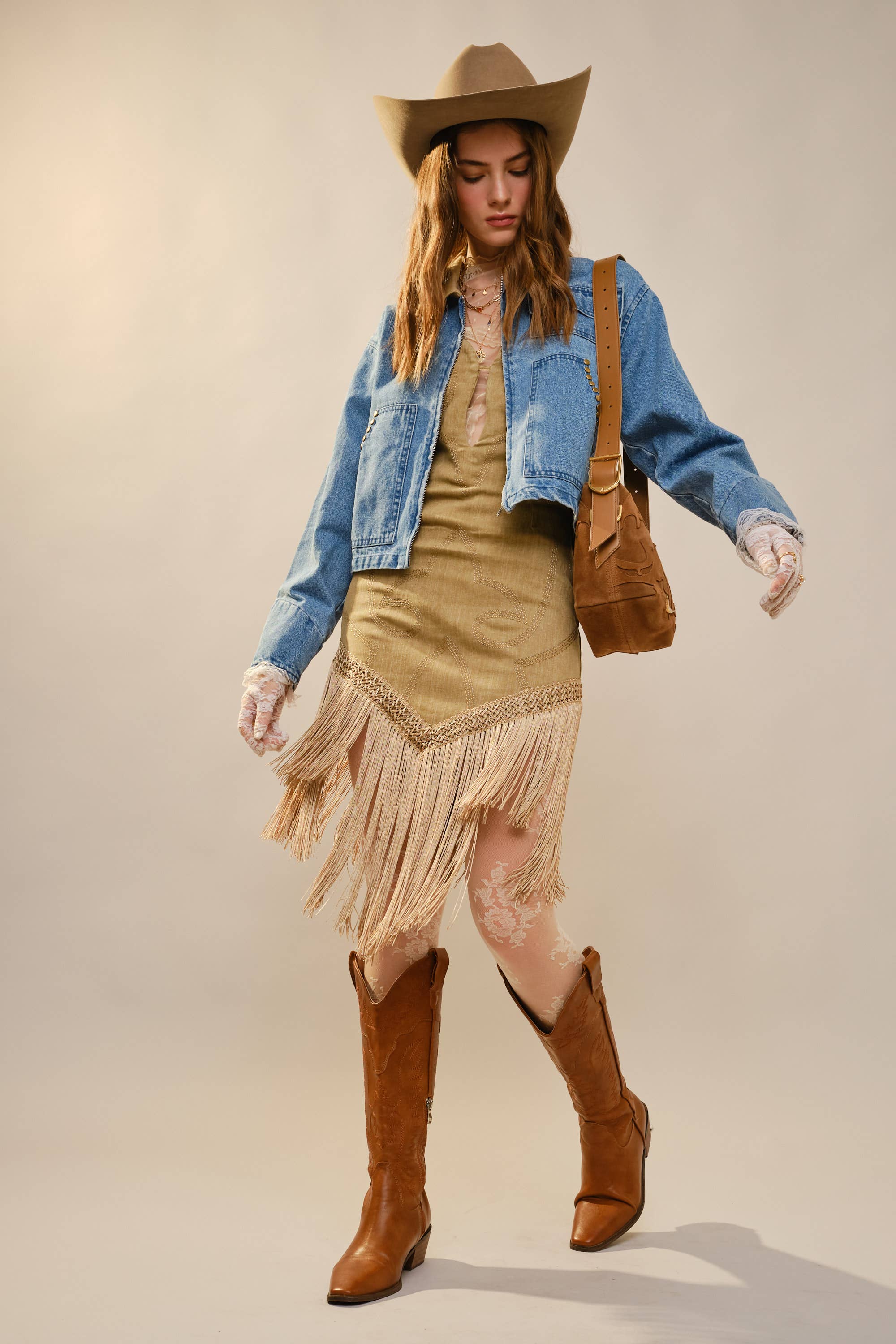 Stud Trimmed Cropped Denim Jacket