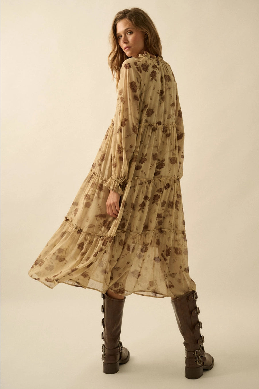 Floral Tiered Ruffle Midi Prairie Dress