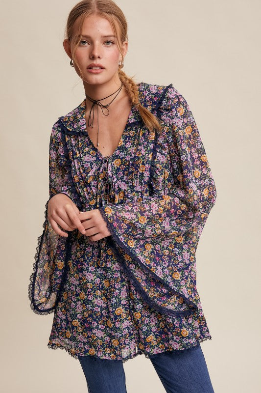 Sheer Floral Chiffon Bell Sleeve Boho Blouse