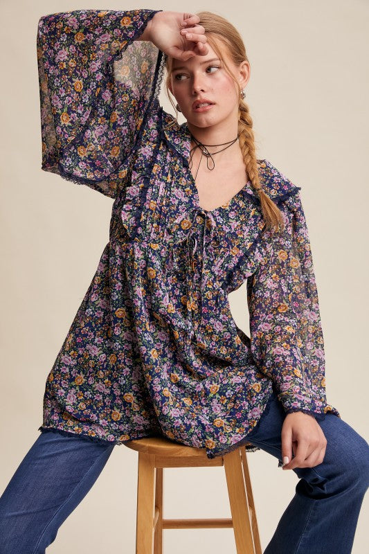 Sheer Floral Chiffon Bell Sleeve Boho Blouse