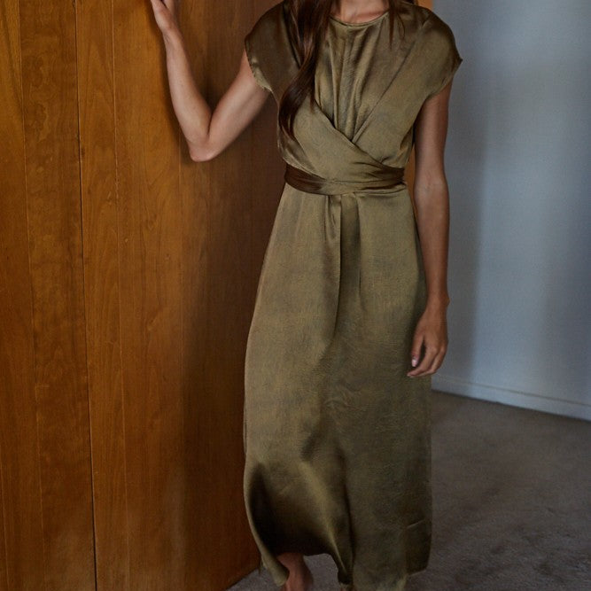 Woven Polyester Satin Cross Front Tie Strap Maxi Dress